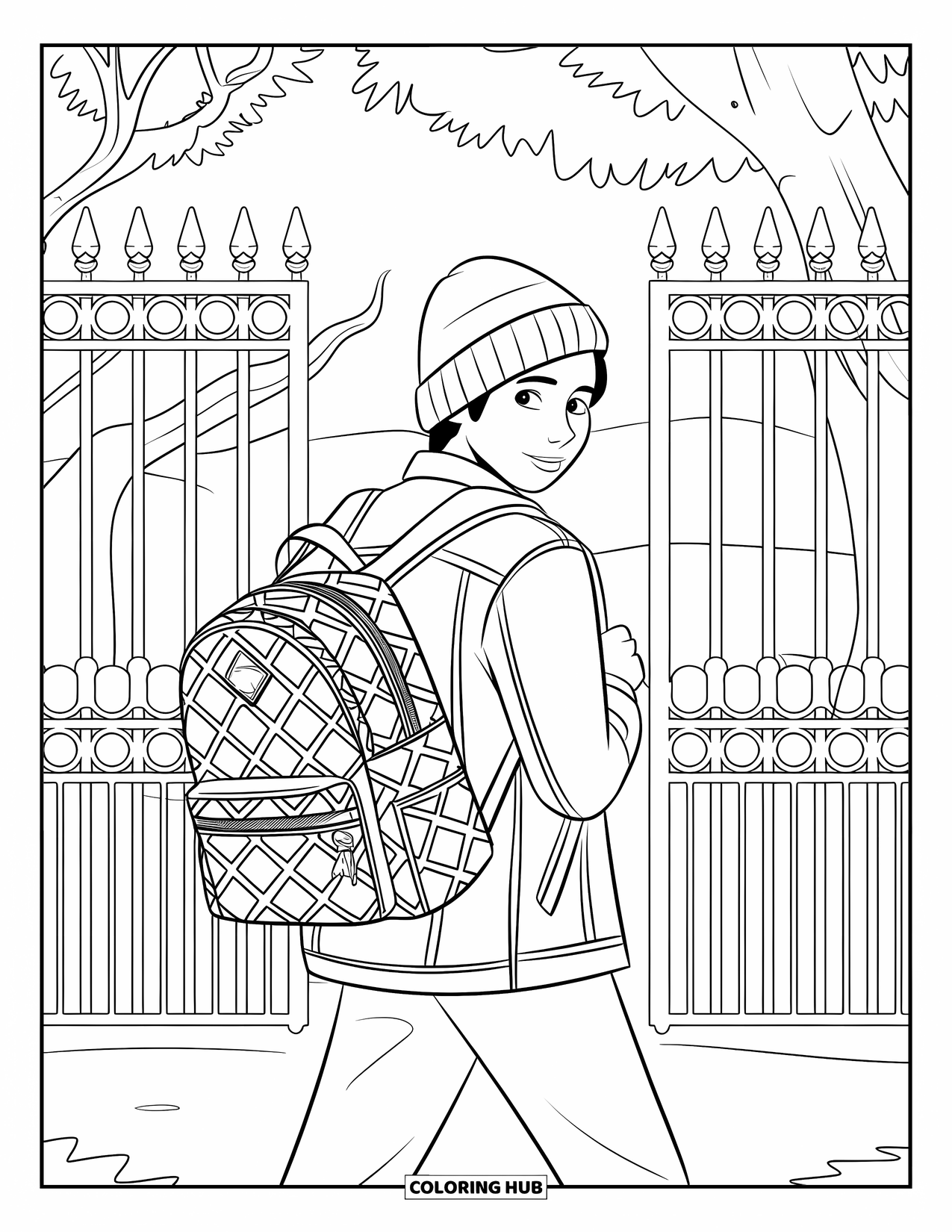 First Day Of School Coloring Page for Kids: A teen with a beanie walks confidently through iron school gates with a patterned backpack