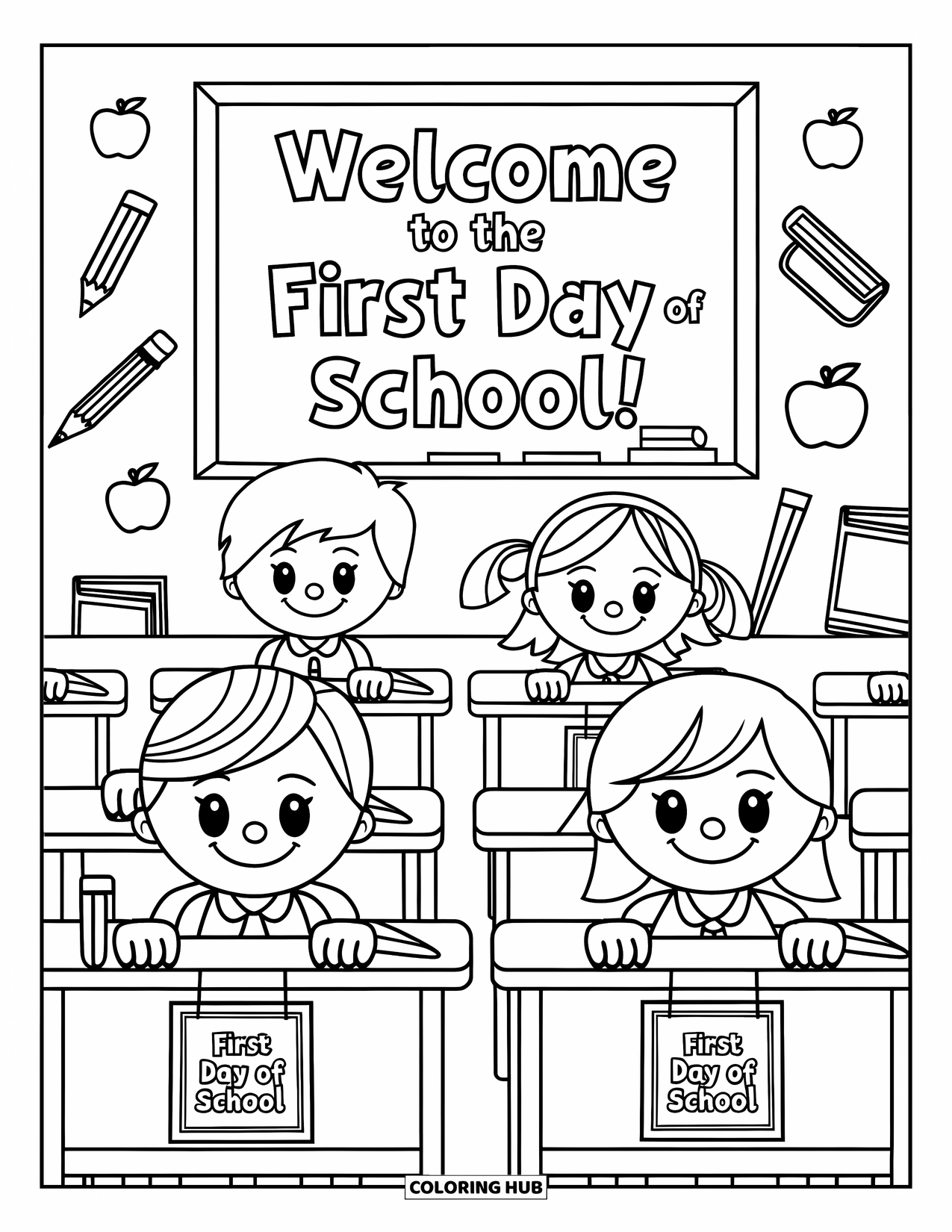 First Day Of School Coloring Page for Kids: Children sit by goodie bags as a chalkboard welcomes them to the first day