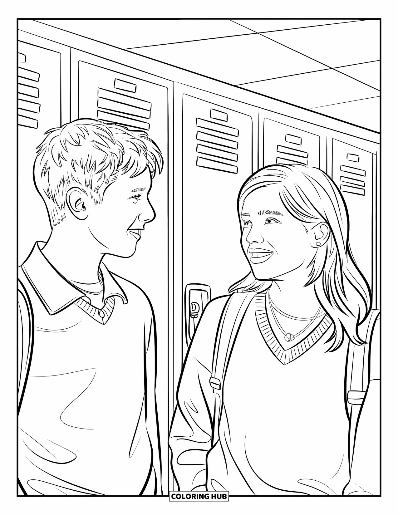 First Day Of School Coloring Page for Kids: Teens chat by their lockers, dressed casually with necklaces and a school hallway behind them