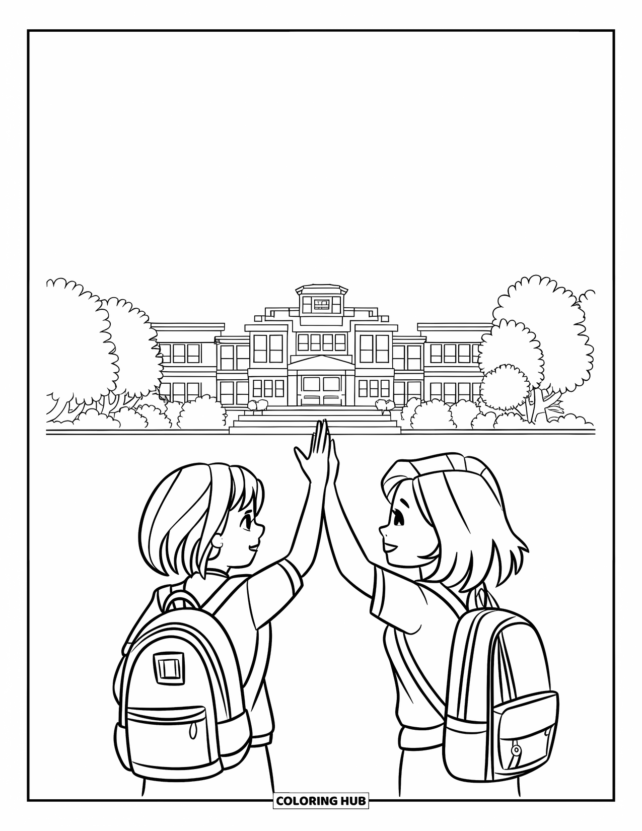 First Day Of School Coloring Page for Kids: Uniformed friends high-five with a school and trees in the background