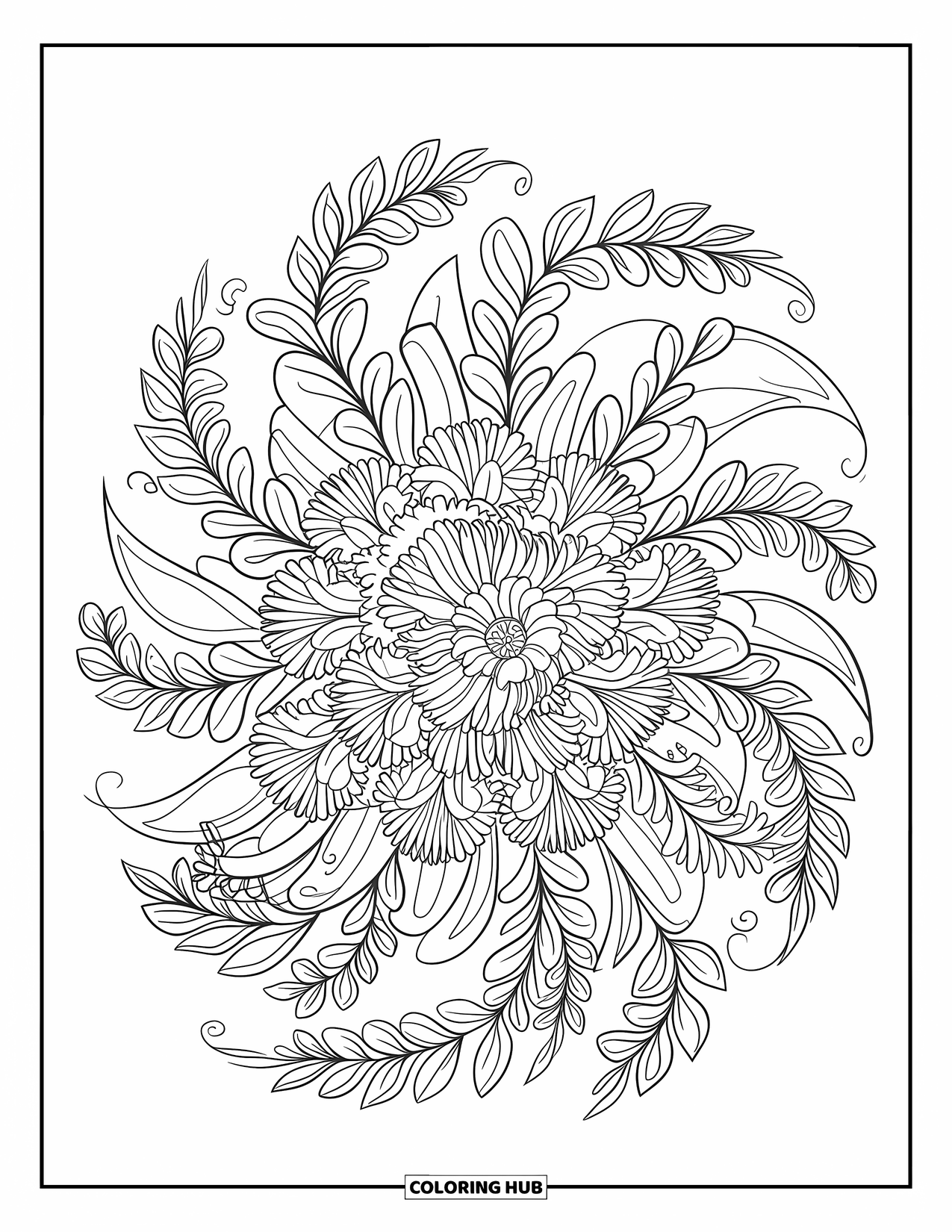 Flower Bouquet Coloring Page for Adults: Carnation and eucalyptus bouquet surrounded by mandala leaf swirls
