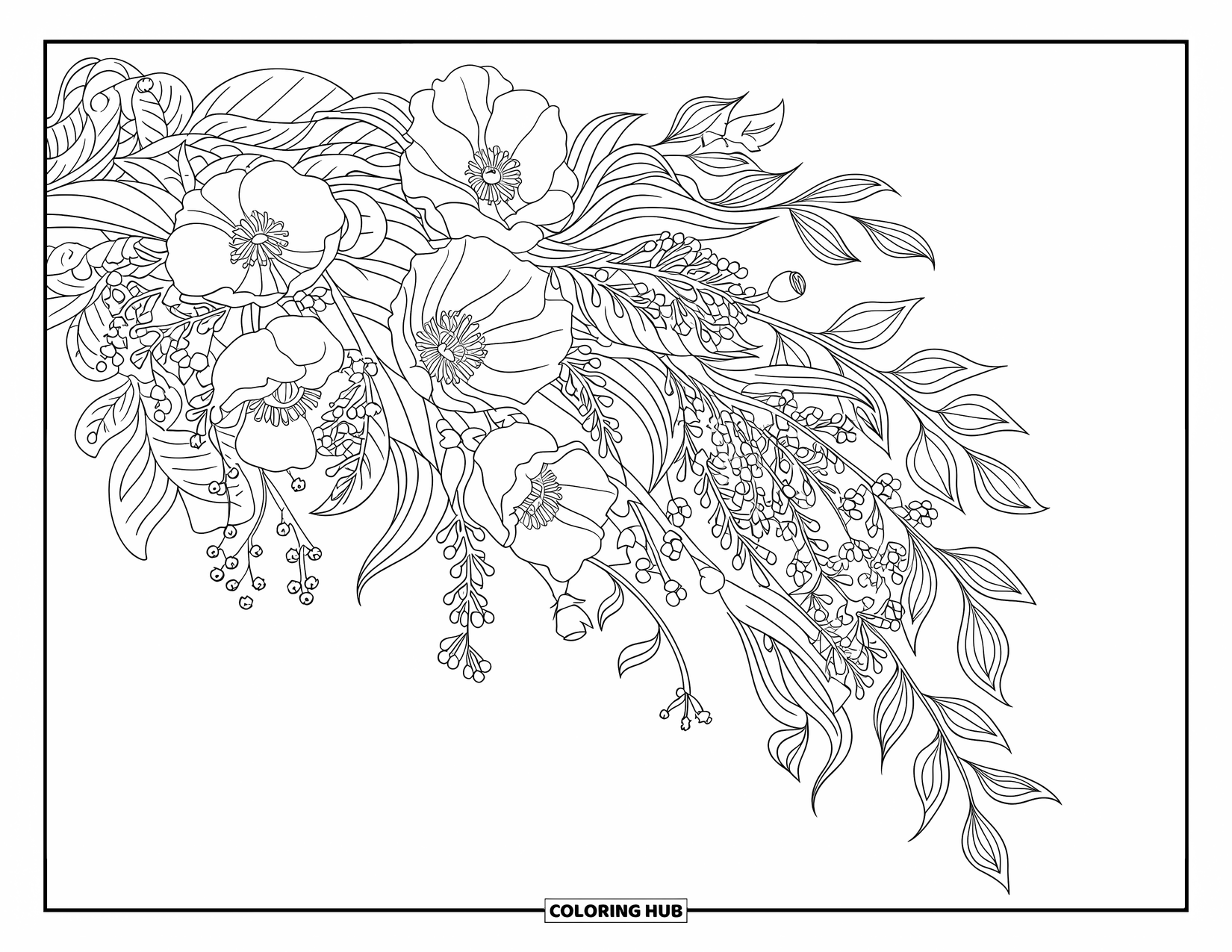 Flower Bouquet Coloring Page for Adults: Cascading poppy bouquet with flowing botanical patterns filling the whole page