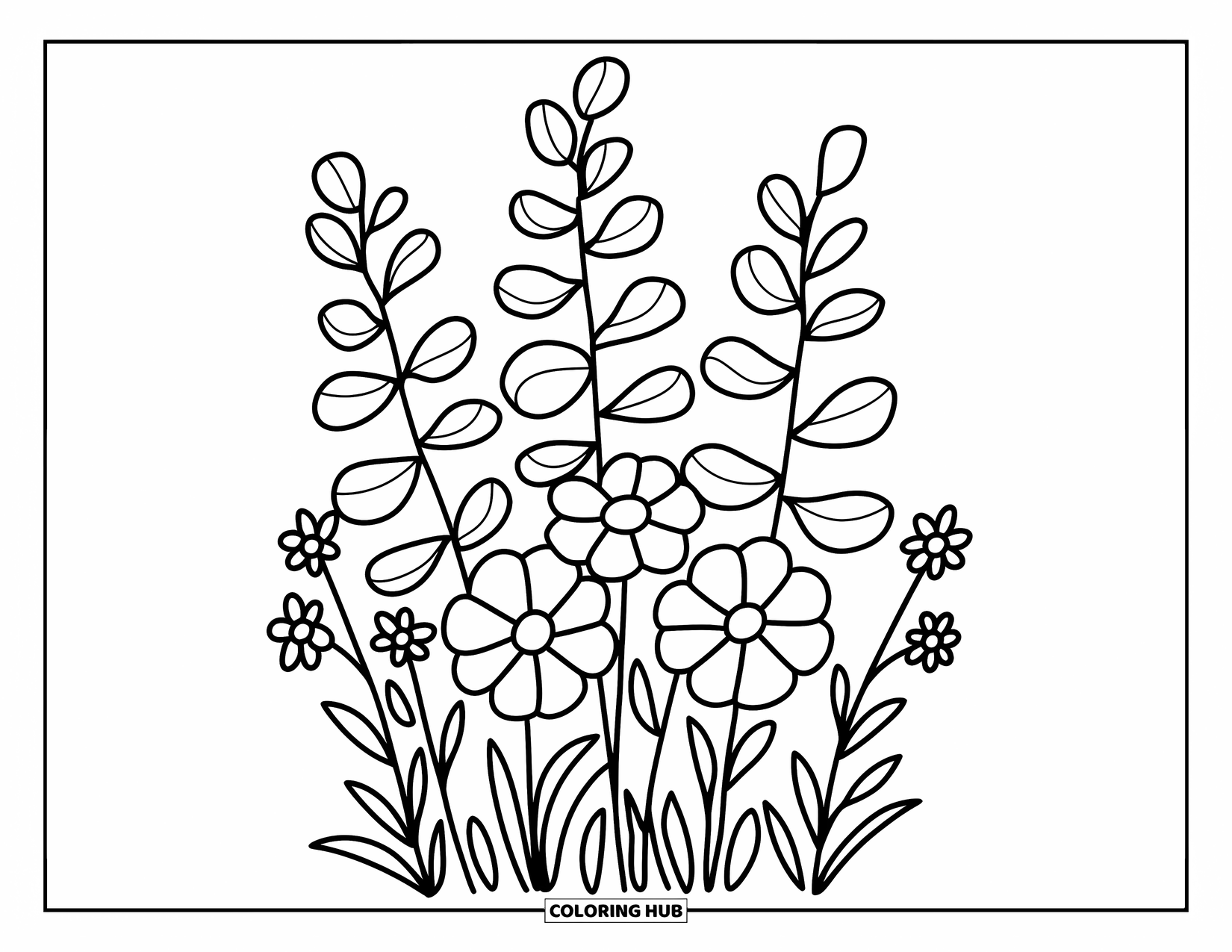 Flower Bouquet Coloring Page for Adults: Cozy garden bouquet with tall and round flowers plus playful curled leaves