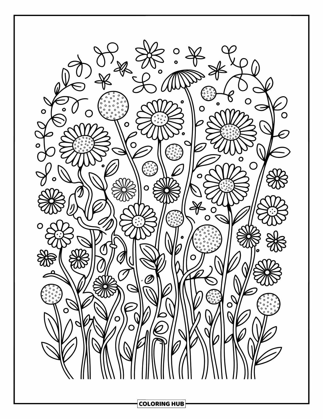 Flower Bouquet Coloring Page for Adults: Daisies and star-shaped wildflowers bloom in a breezy, open bouquet