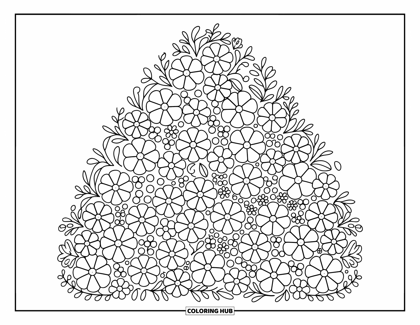 Flower Bouquet Coloring Page for Adults: Dense bouquet of oval flowers with spiral fillers in a hand-drawn style