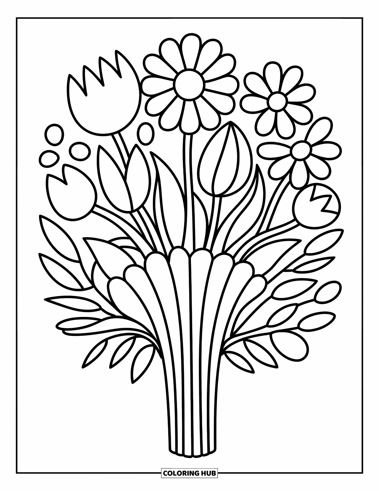 Flower Bouquet Coloring Page for Adults: Fan-shaped bouquet with soft daisies, tulips, and rounded petals
