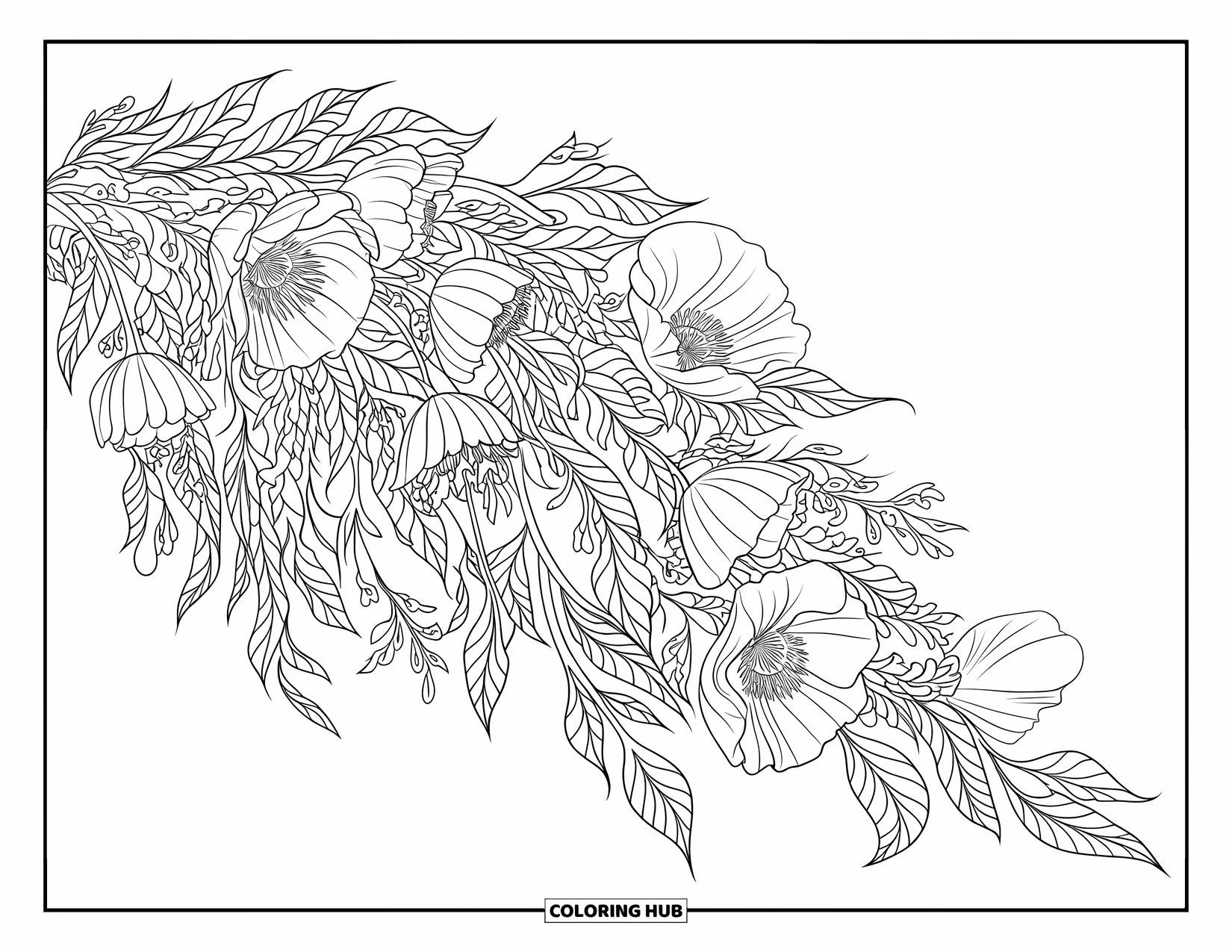 Flower Bouquet Coloring Page for Adults: Graceful poppies cascade with swirling leaves and intricate floral patterns throughout