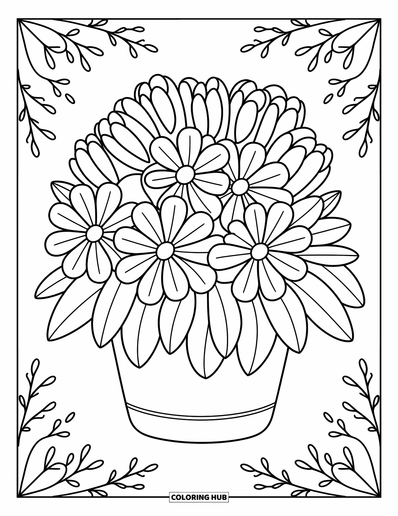 Flower Bouquet Coloring Page for Adults: Layered dome bouquet with flowers arranged from tight buds to wide blooms
