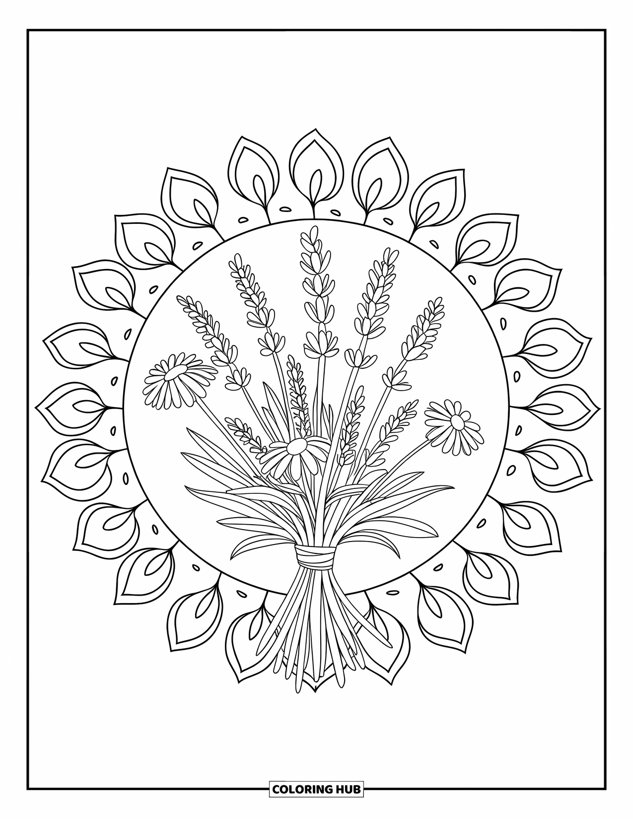 Flower Bouquet Coloring Page for Adults: Leafy mandala wraps around a twine-bound bouquet of lavender and chamomile