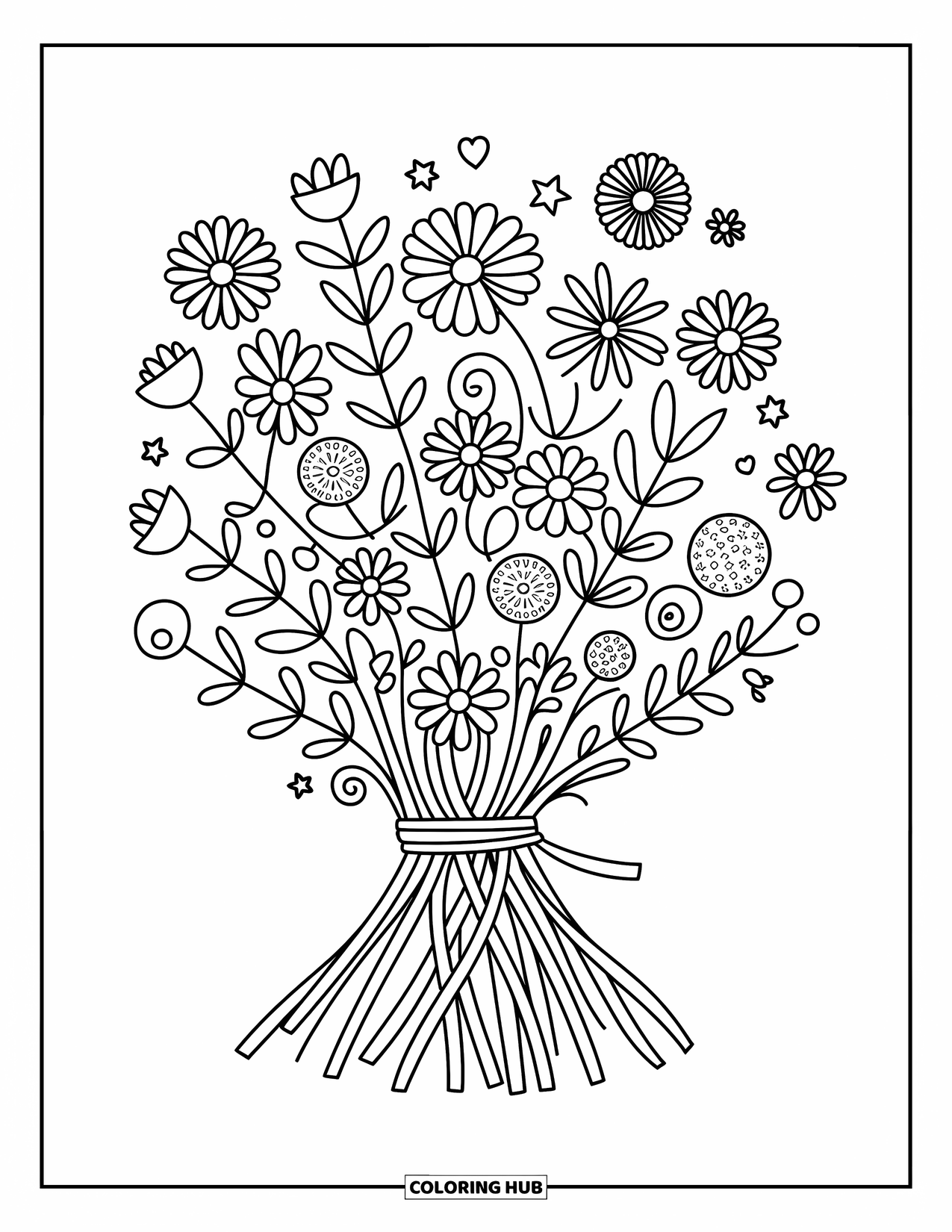 Flower Bouquet Coloring Page for Adults: Loose floral cluster with wildflower mix and curved leafy stems