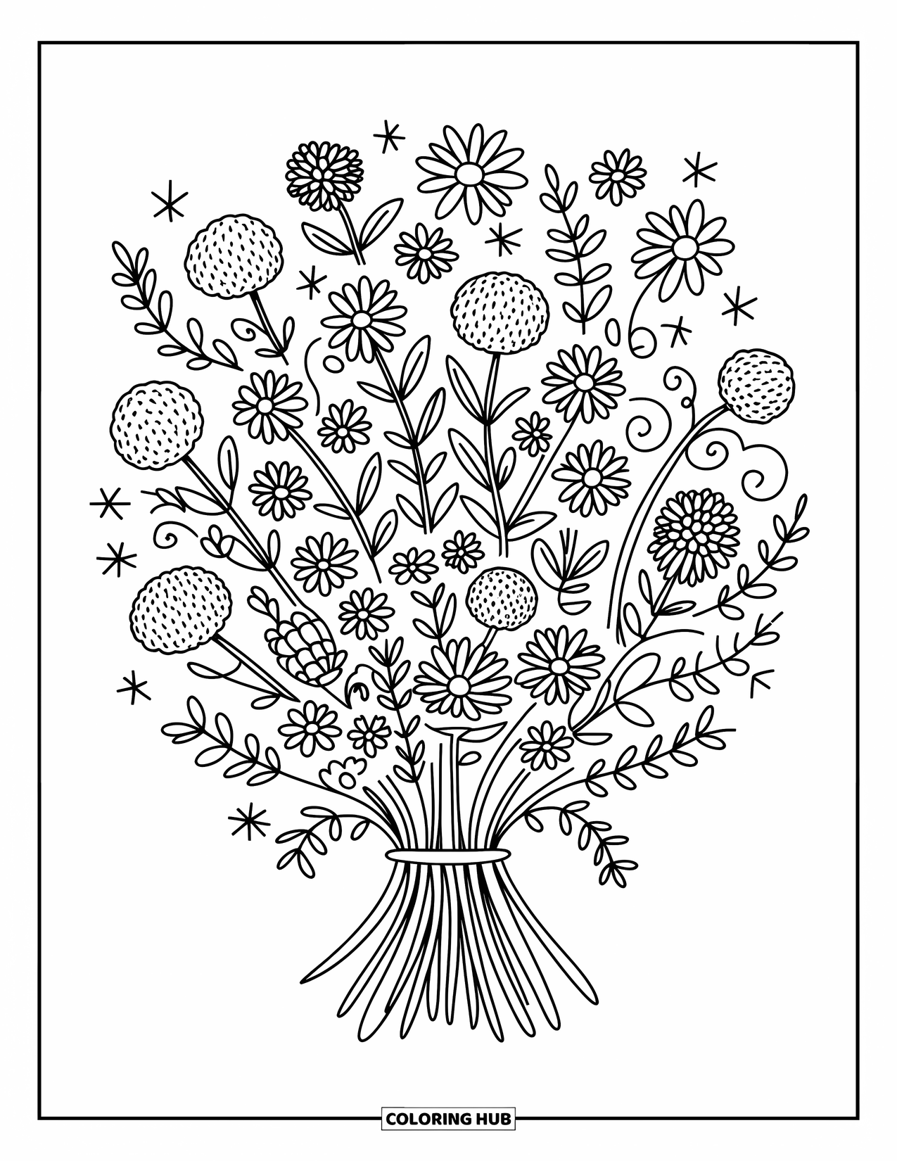 Flower Bouquet Coloring Page for Adults: Loose wildflower bouquet with daisies, puffballs, and curly stems