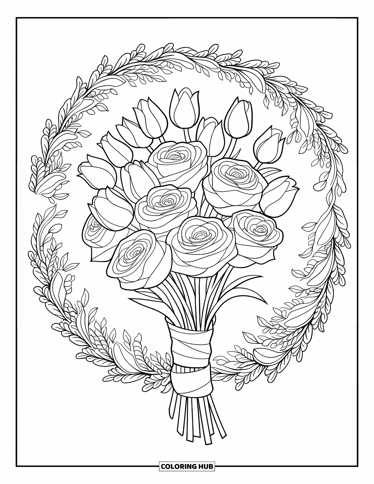Flower Bouquet Coloring Page for Adults: Ribbon-wrapped bouquet with tulips and roses framed by a full floral mandala