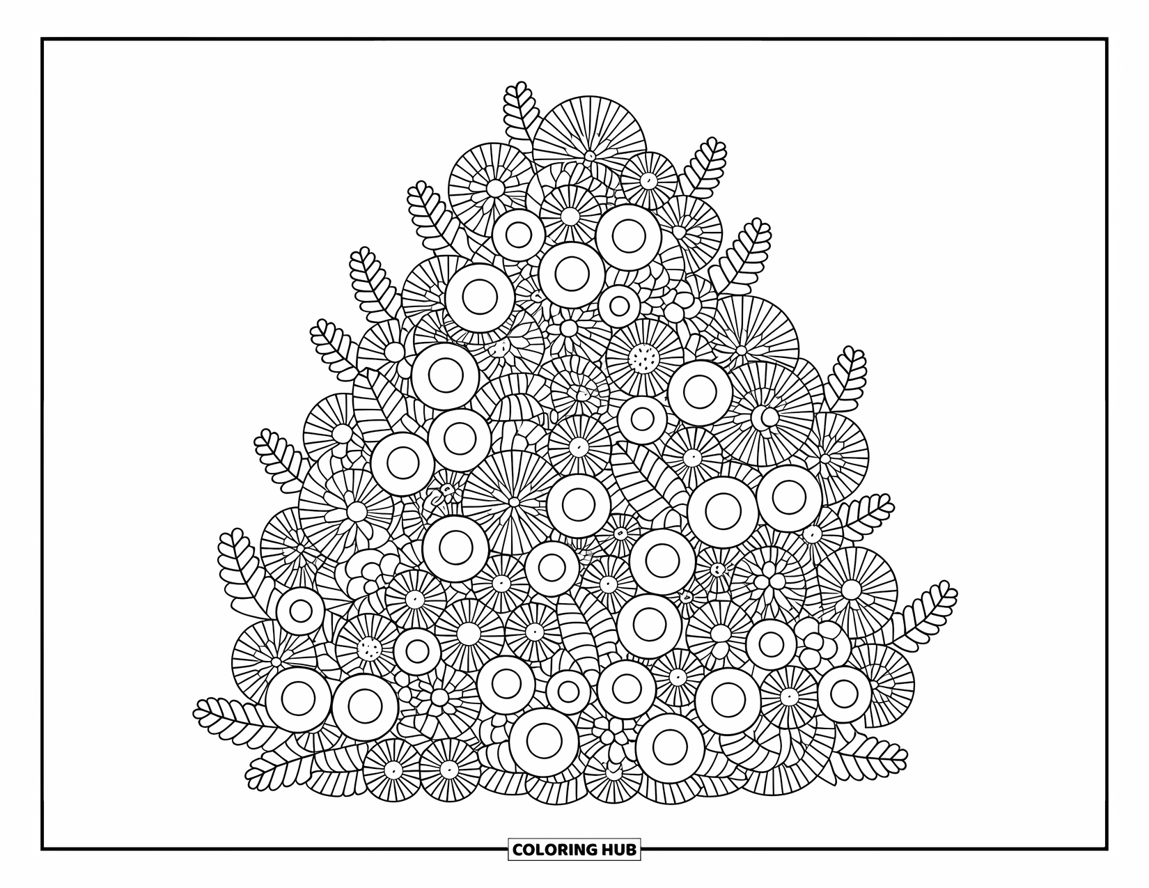 Flower Bouquet Coloring Page for Adults: Round floral mound packed tightly with flowers and leafy spirals