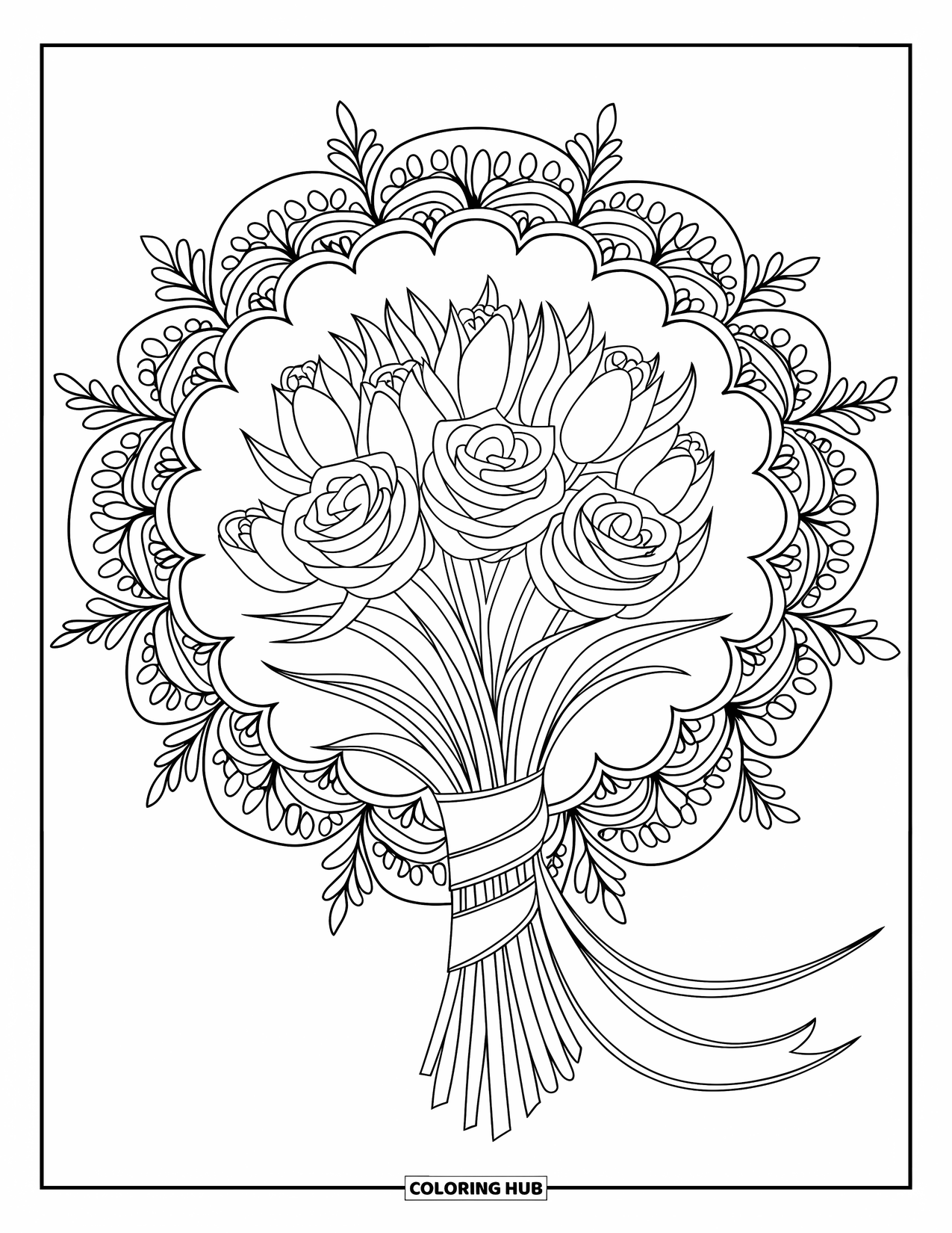 Flower Bouquet Coloring Page for Adults: Spiral bouquet of roses and tulips inside a mandala of tiny leaves and petals