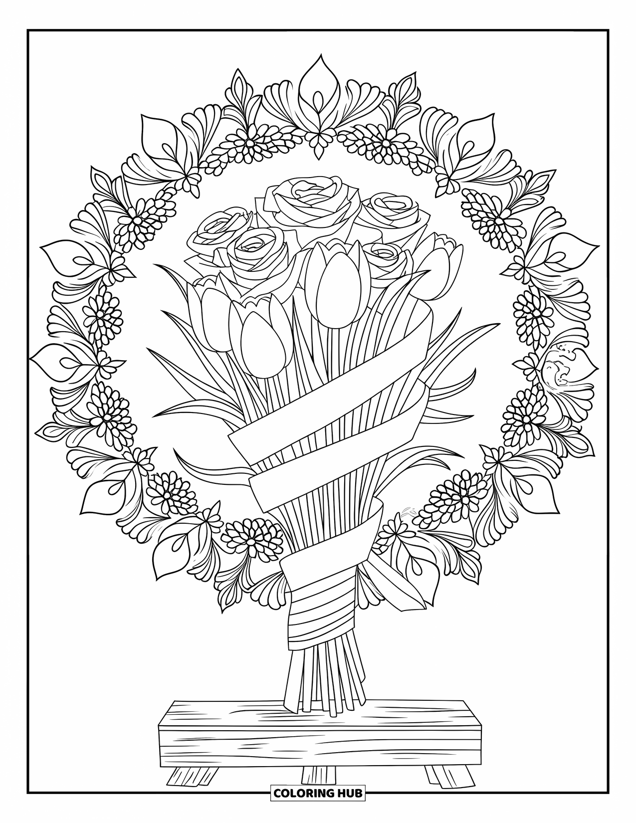 Flower Bouquet Coloring Page for Adults: Spiral bouquet of roses and tulips wrapped in ribbon with a petal mandala