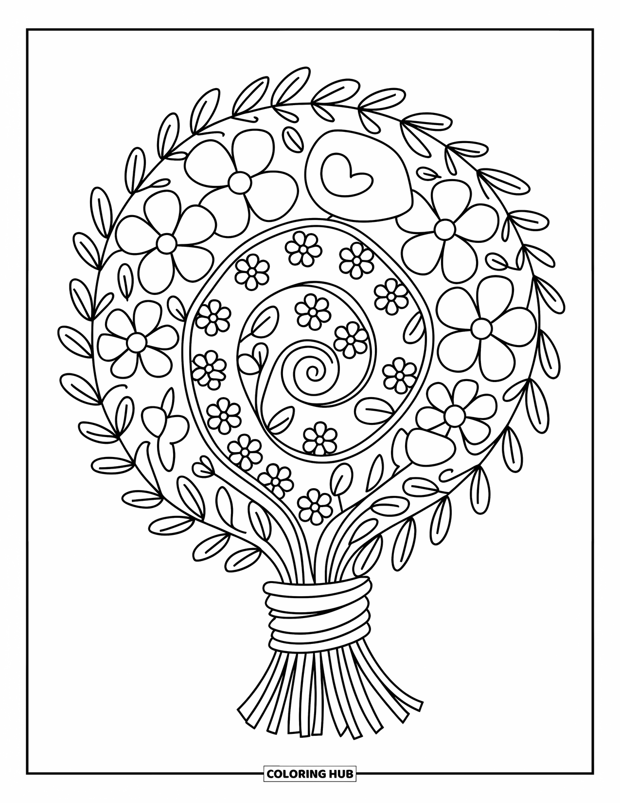 Flower Bouquet Coloring Page for Adults: Spiral floral arrangement with curled stems and flowers of all sizes