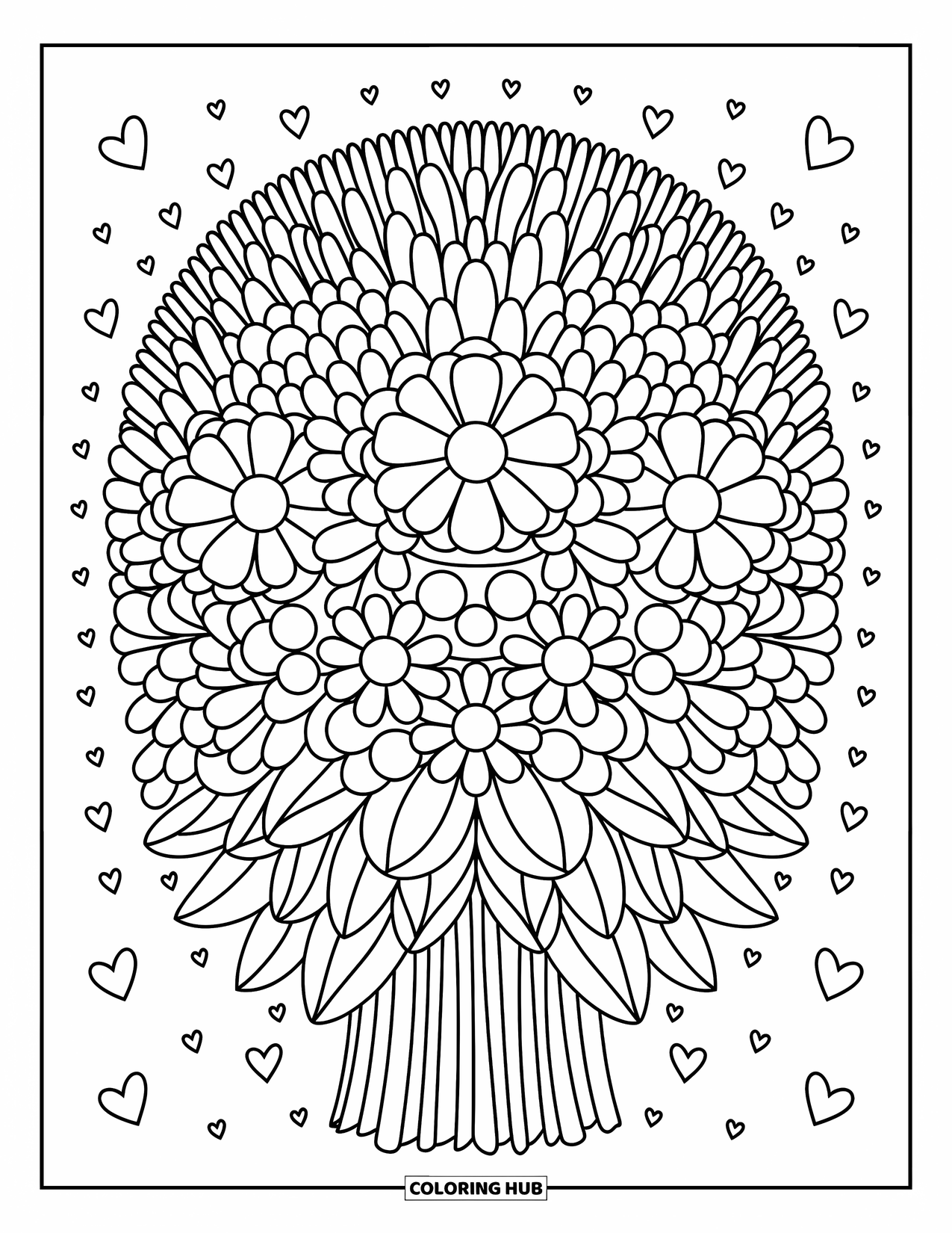 Flower Bouquet Coloring Page for Adults: Three-layer dome bouquet with blooms, buds, and soft petals all around