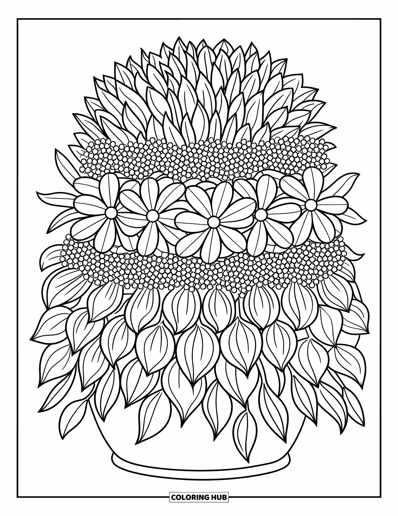 Flower Bouquet Coloring Page for Adults: Three-layer dome bouquet with hearts and stars in the cozy background