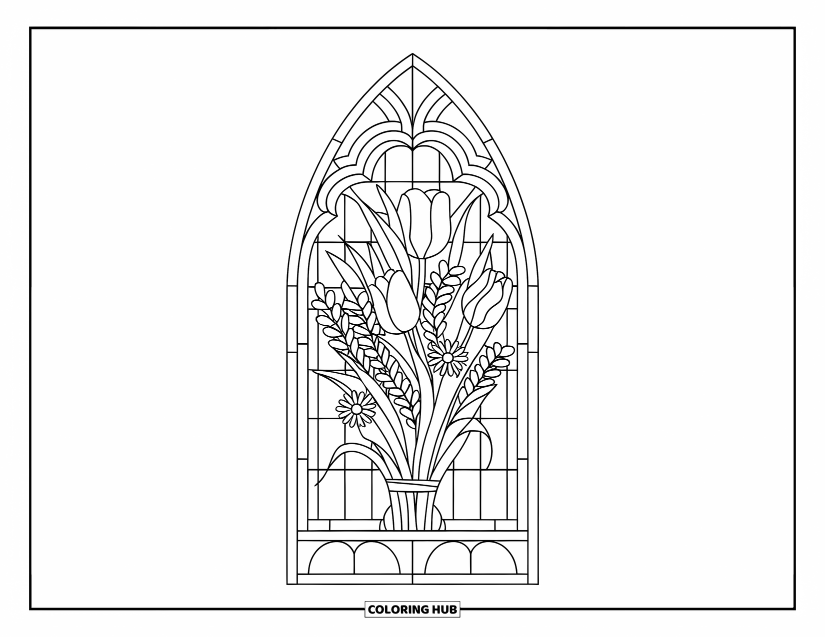 Flower Bouquet Coloring Page for Adults: Tulips and daisies in a stained glass frame filled with graceful floral details