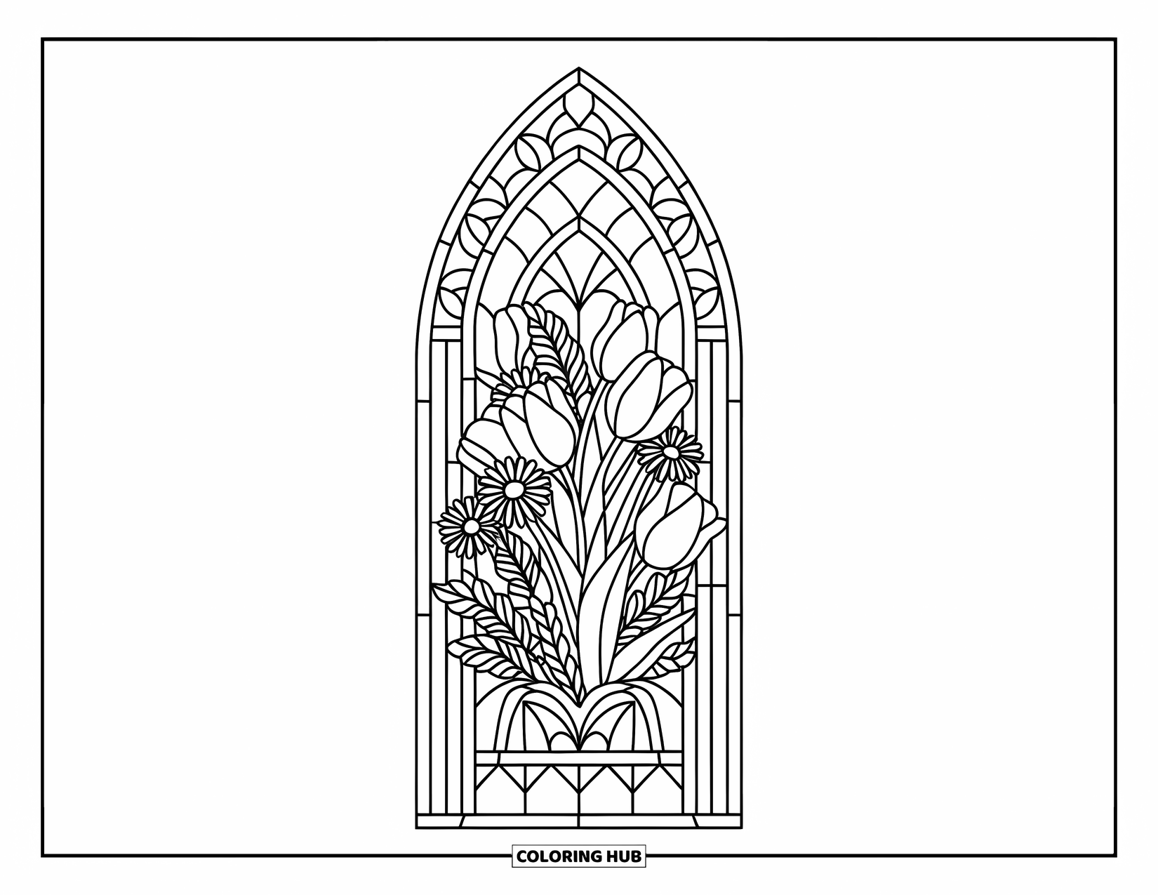 Flower Bouquet Coloring Page for Adults: Tulips and daisies sit in a detailed stained glass window frame