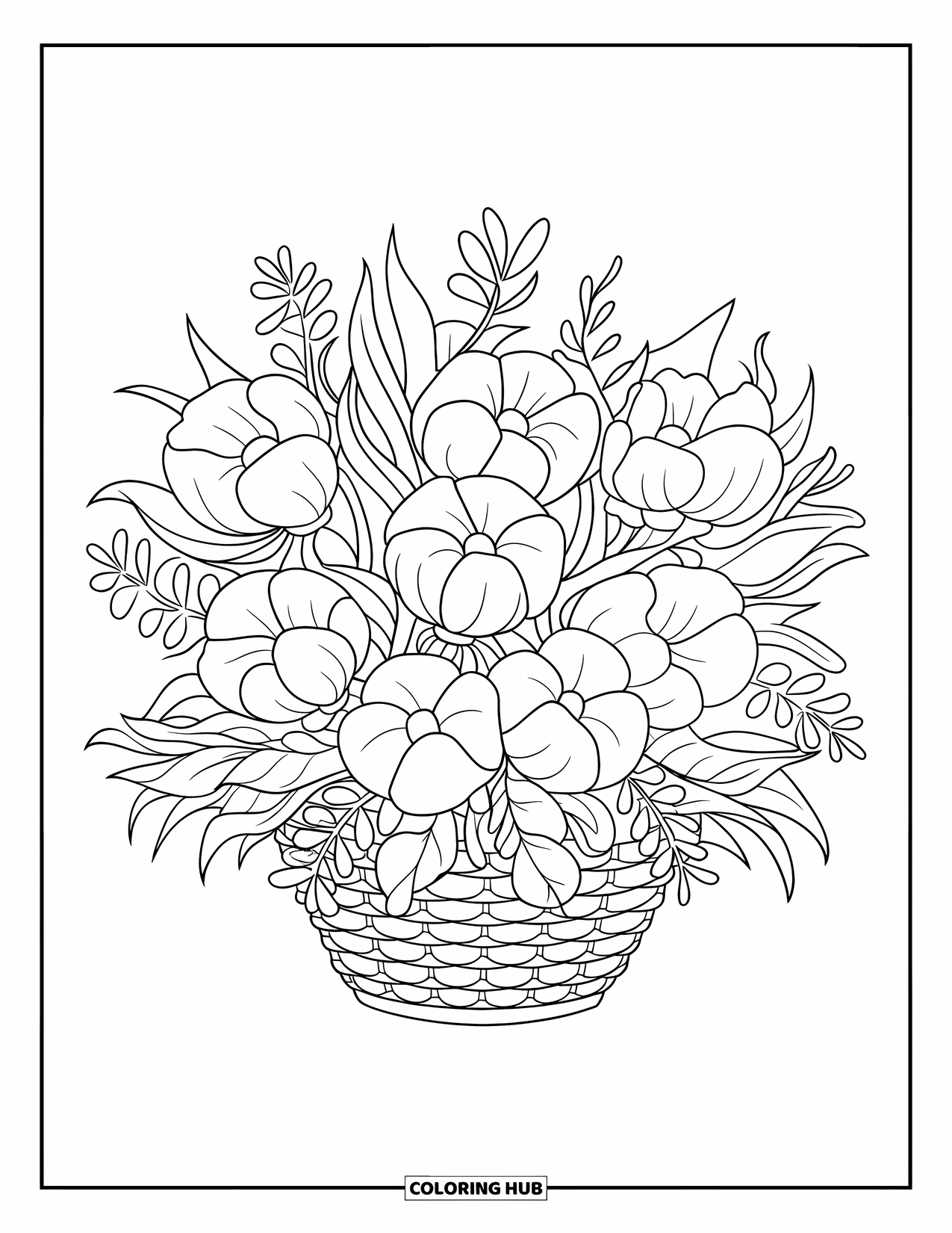 Flower Bouquet Coloring Page for Kids: Basket bouquet of large flowers with a bold, clean design