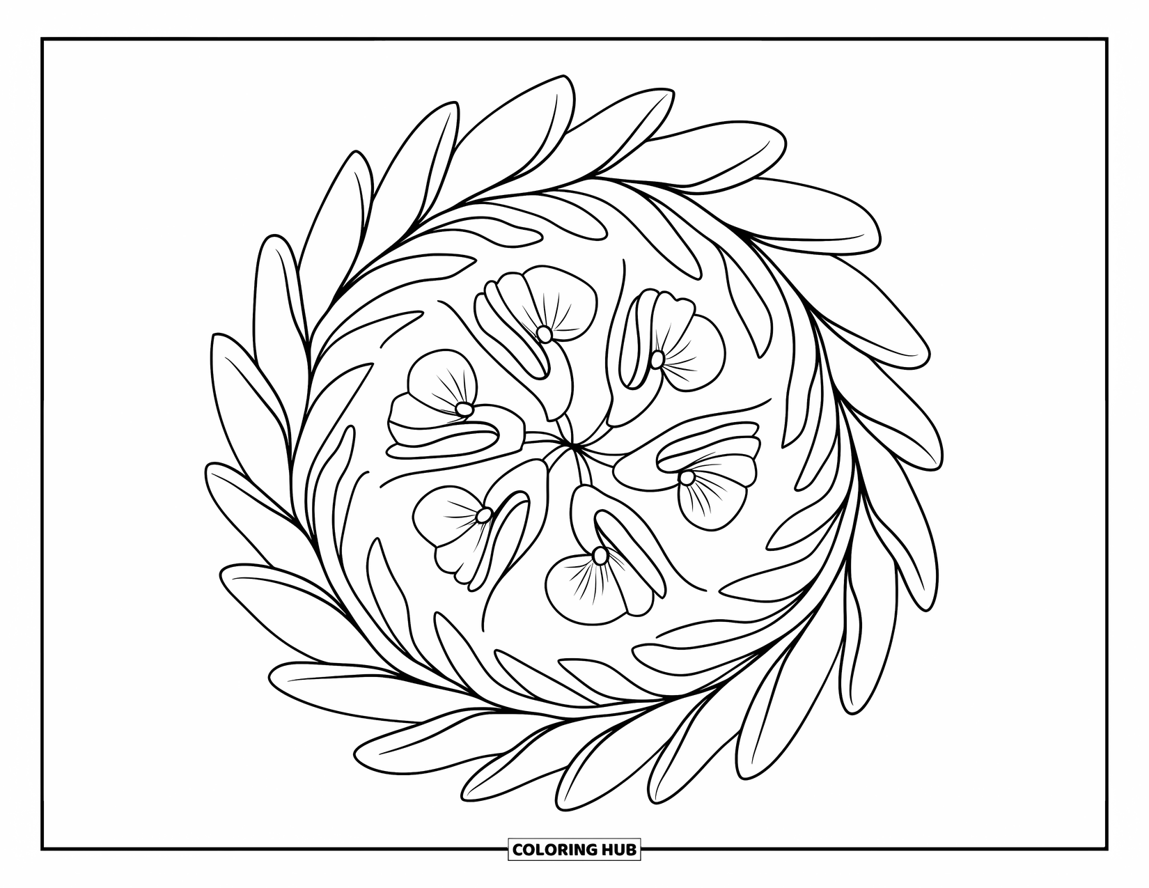 Flower Bouquet Coloring Page for Kids: Blossoms swirl in a spiral with wide leaves framing the design