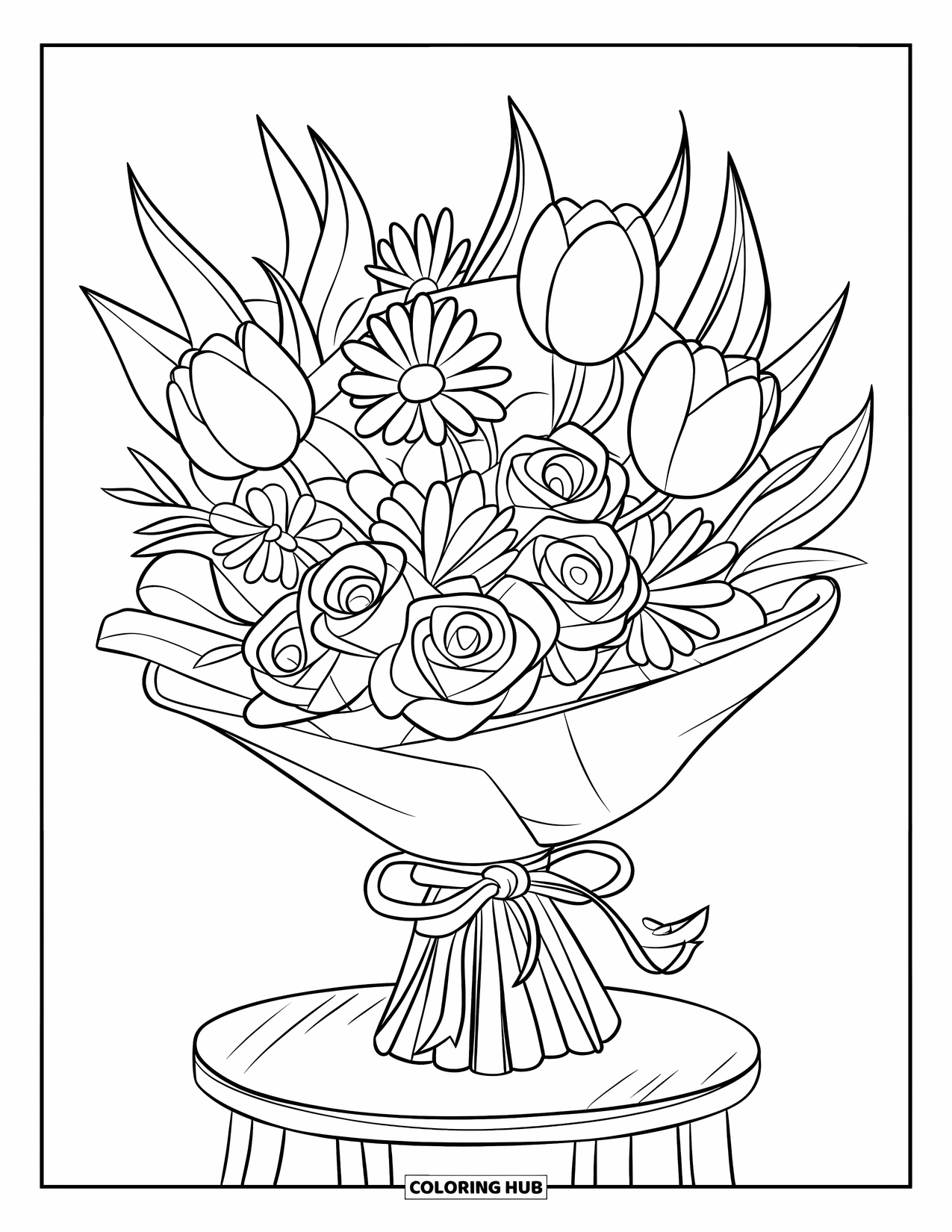 Flower Bouquet Coloring Page for Kids: Bold floral wrap with six flowers tied in a ribbon on a stand