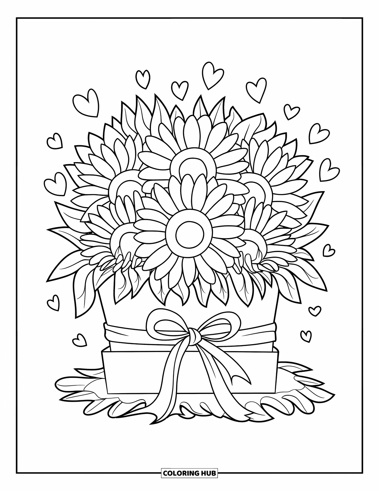 Flower Bouquet Coloring Page for Kids: Bouquet of sunflowers and daisies inside a ribboned box with heart accents