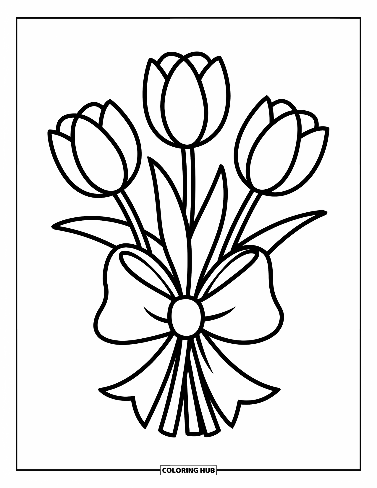 Flower Bouquet Coloring Page for Kids: Clean tulip trio tied with a bow, perfect for preschool coloring fun