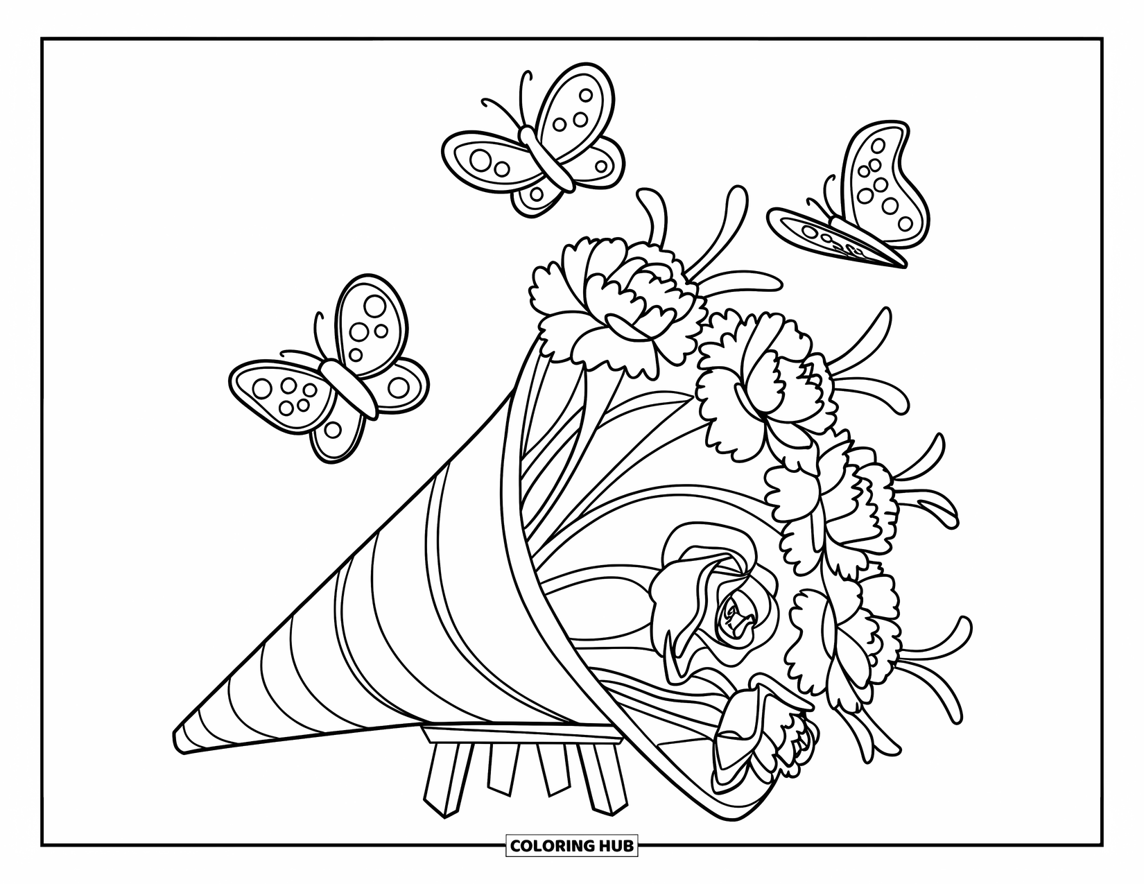 Flower Bouquet Coloring Page for Kids: Cone bouquet of carnations and roses with butterflies on a wooden stand