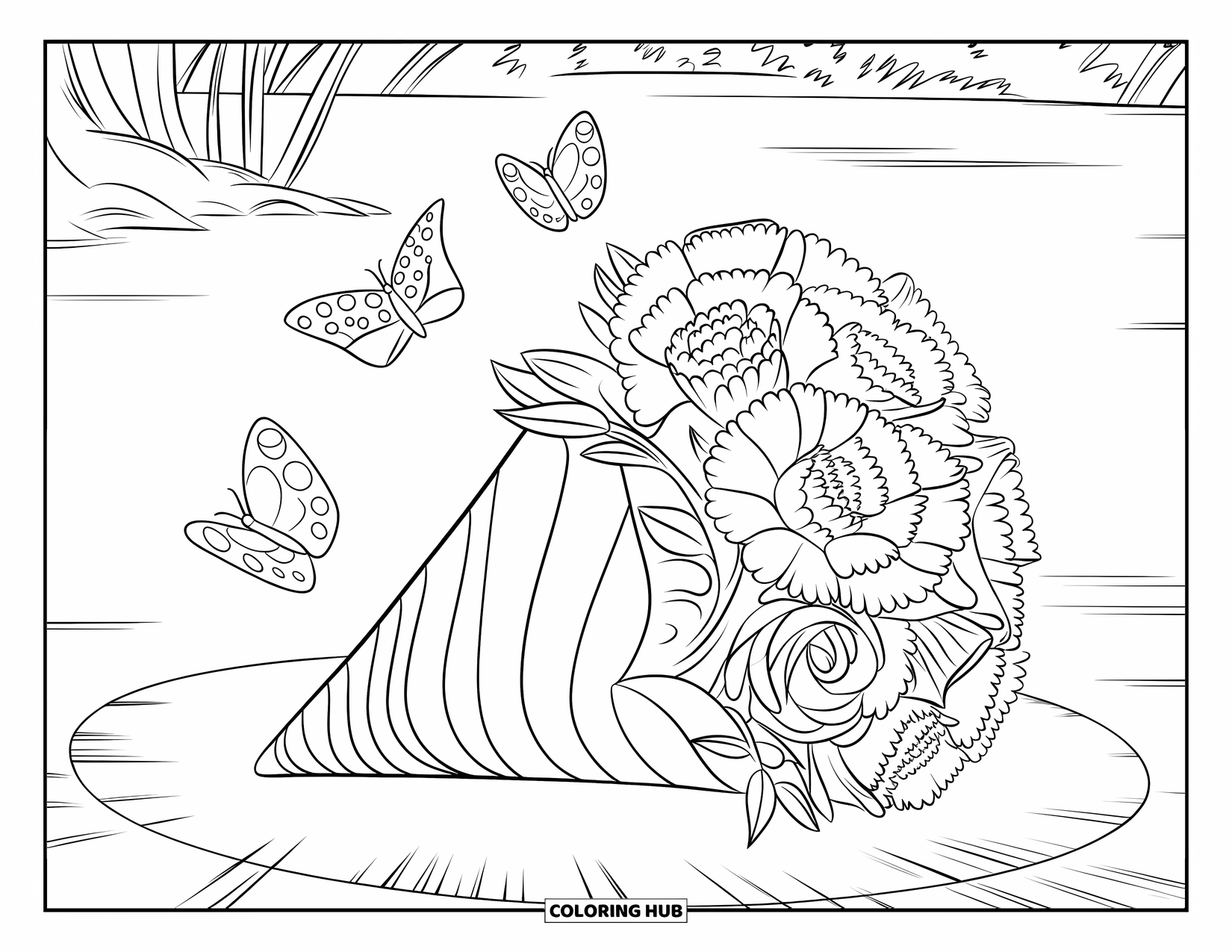 Flower Bouquet Coloring Page for Kids: Cone bouquet with carnations, roses, and butterflies near water and trees