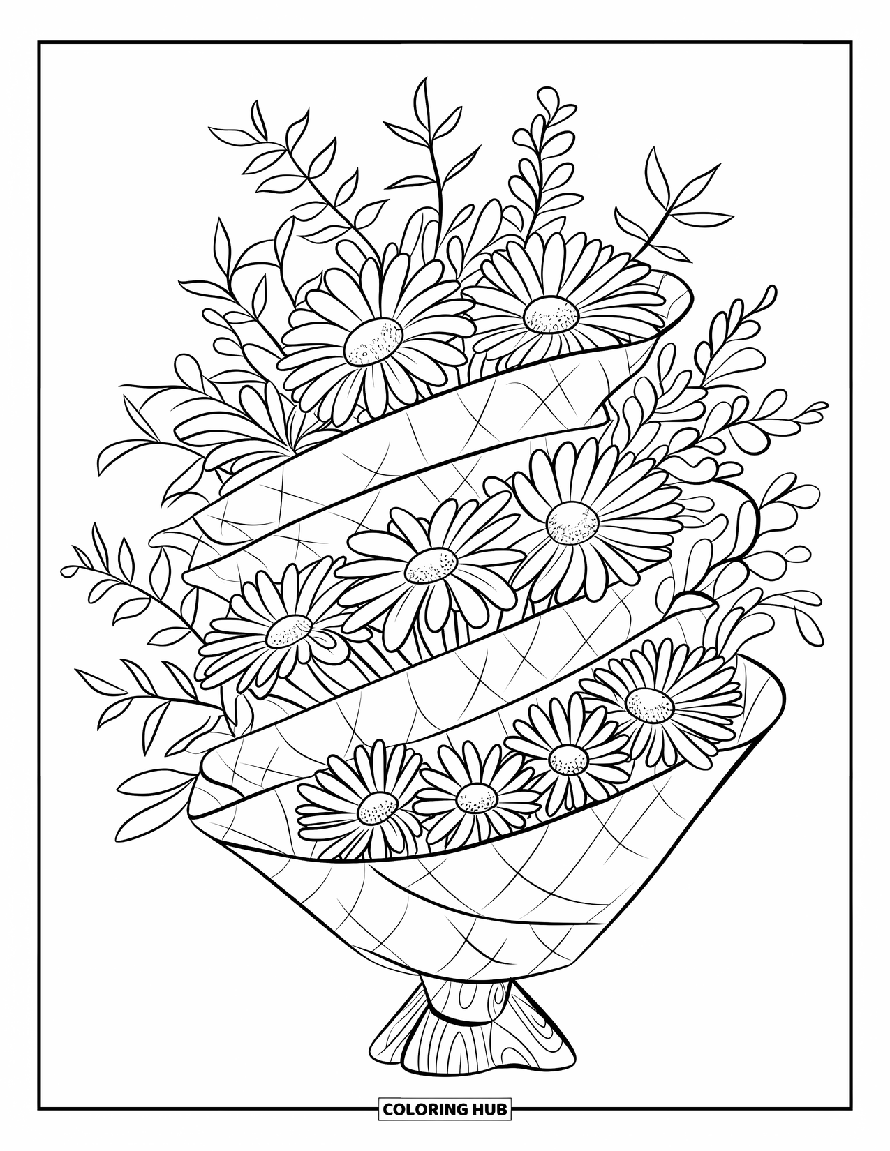 Flower Bouquet Coloring Page for Kids: Daisy and eucalyptus bouquet arranged in a spiral on a wooden base