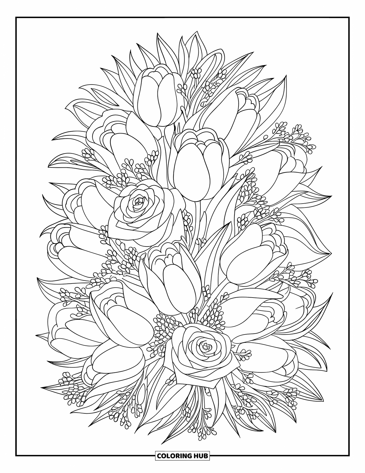 Flower Bouquet Coloring Page for Kids: Dome bouquet of roses, tulips, and baby's breath in soft layers
