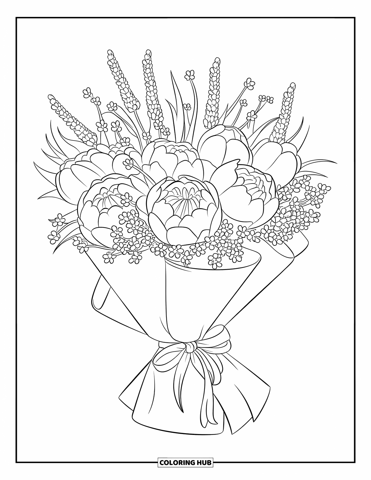 Flower Bouquet Coloring Page for Kids: Gift bouquet of peonies, lavender, and baby's breath wrapped with ribbon on a stand