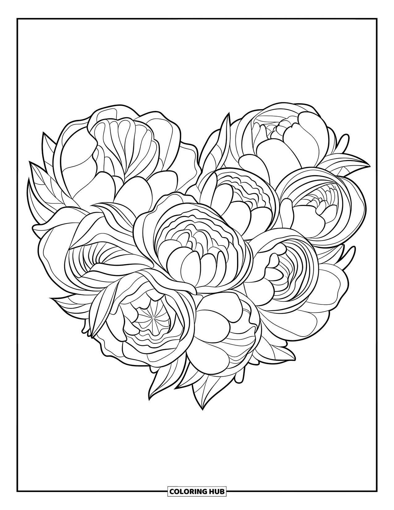 Flower Bouquet Coloring Page for Kids: Heart-shaped peony cluster with layered leaves and soft curves