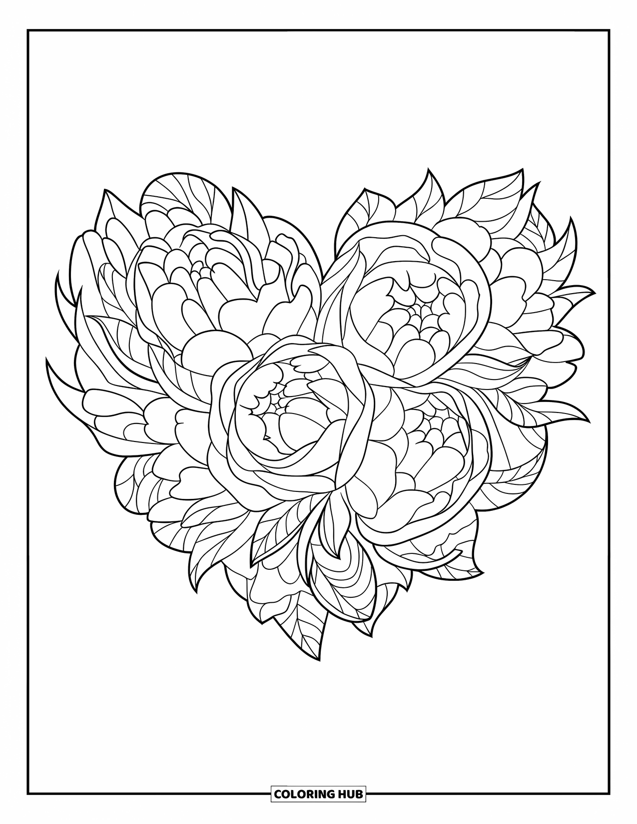 Flower Bouquet Coloring Page for Kids: Layered peonies and leaves form a heart with tight spacing and bold lines