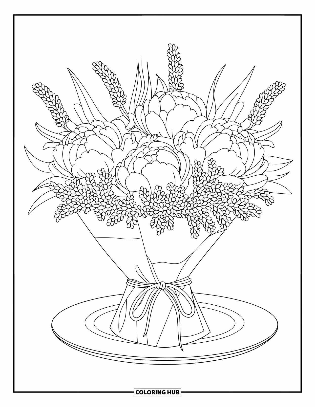 Flower Bouquet Coloring Page for Kids: Paper-wrapped bouquet of peonies and lavender with baby's breath on a white plate