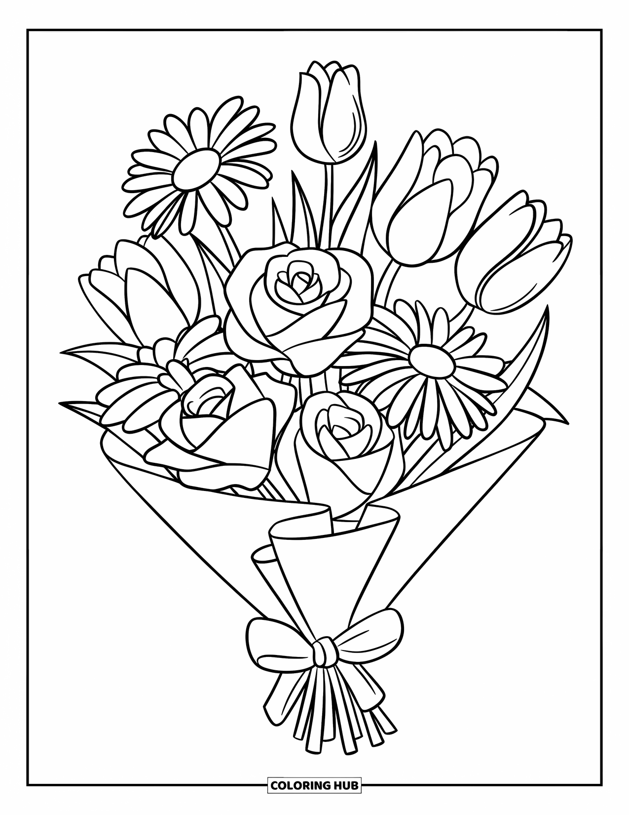 Flower Bouquet Coloring Page for Kids: Paper-wrapped mixed bouquet of six flowers with a bold, clean look
