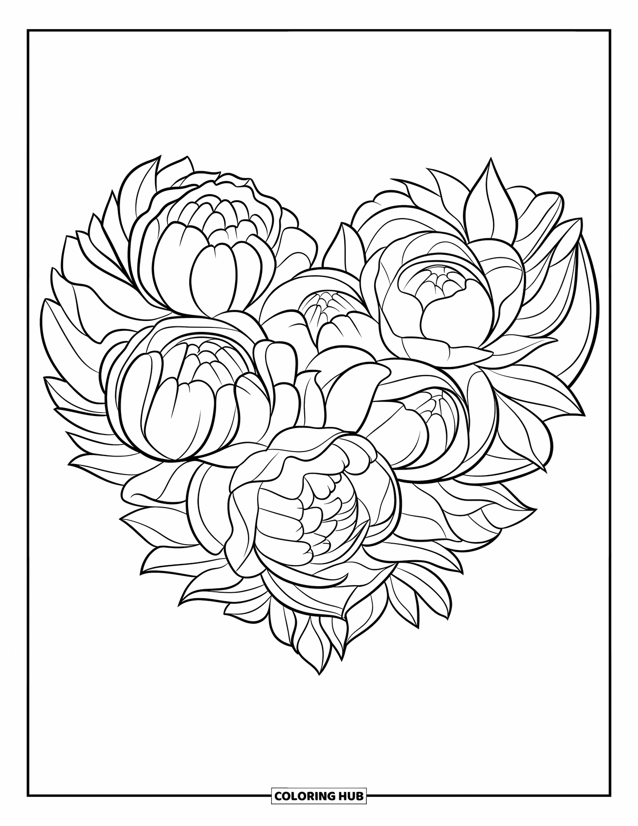 Flower Bouquet Coloring Page for Kids: Peonies and leaves curve gently into a soft heart-shaped floral layout
