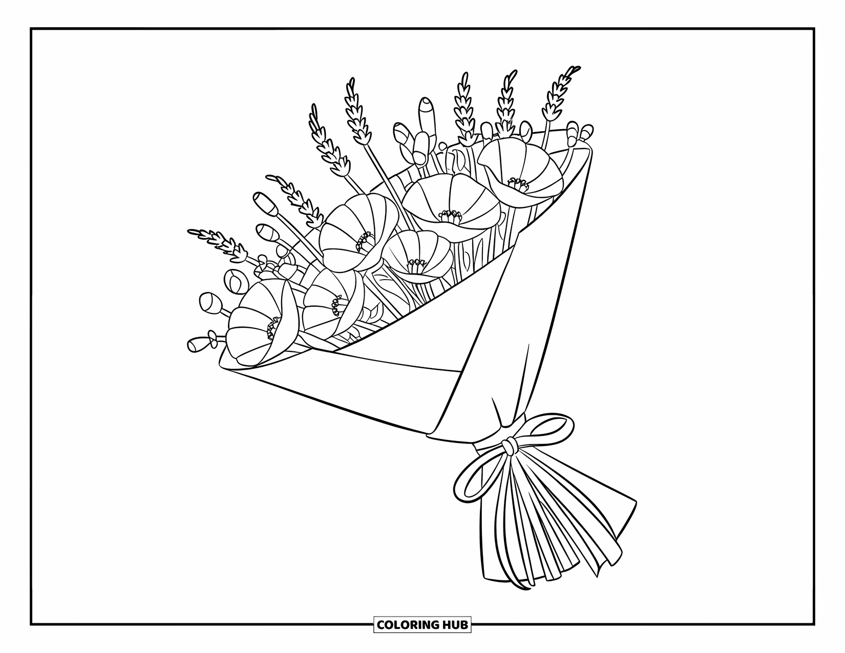 Flower Bouquet Coloring Page for Kids: Poppies and lavender wrapped diagonally with a ribbon in a clean layout