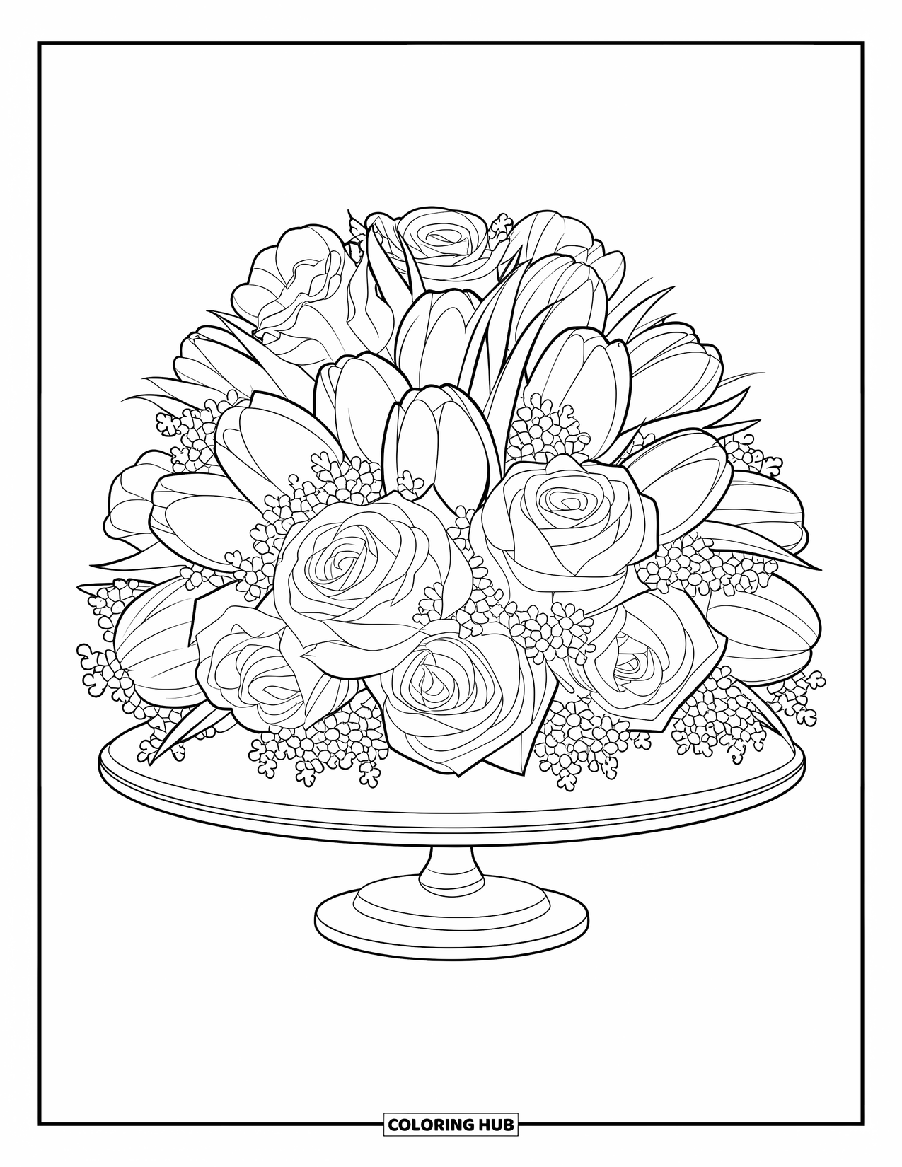 Flower Bouquet Coloring Page for Kids: Roses and tulips in a dome shape on a stand with clean outlines