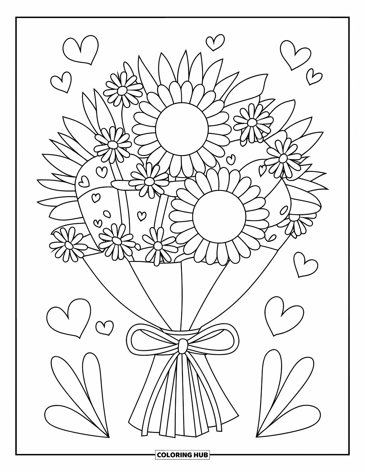 Flower Bouquet Coloring Page for Kids: Simple sunflower and daisy bouquet with hearts, perfect for little hands to color