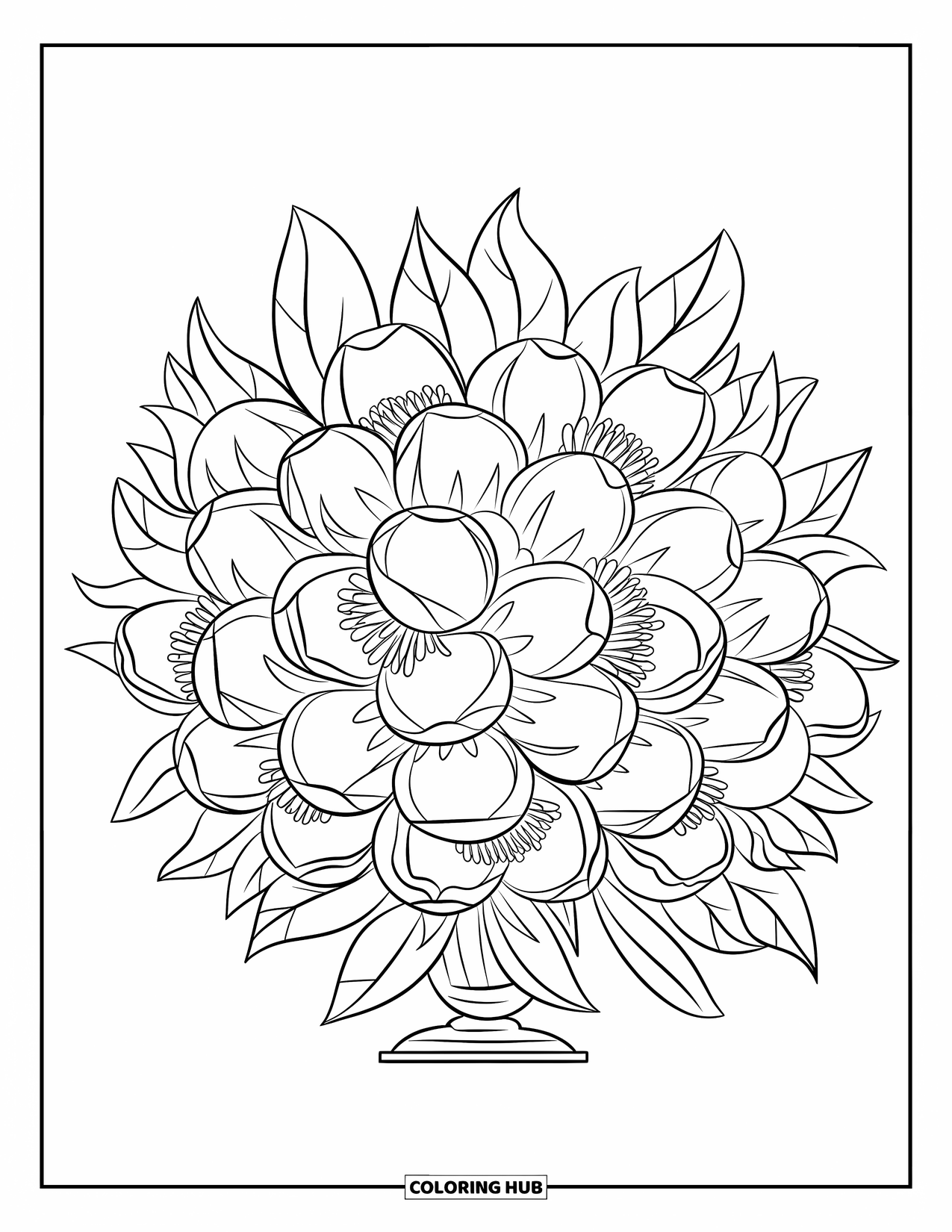 Flower Bouquet Coloring Page for Kids: Small peonies and large leaves layered in a rounded bouquet on a stand