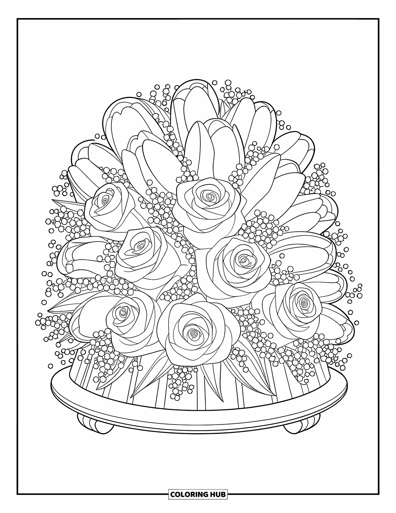 Flower Bouquet Coloring Page for Kids: Softly layered dome bouquet of roses and tulips on a wooden stand