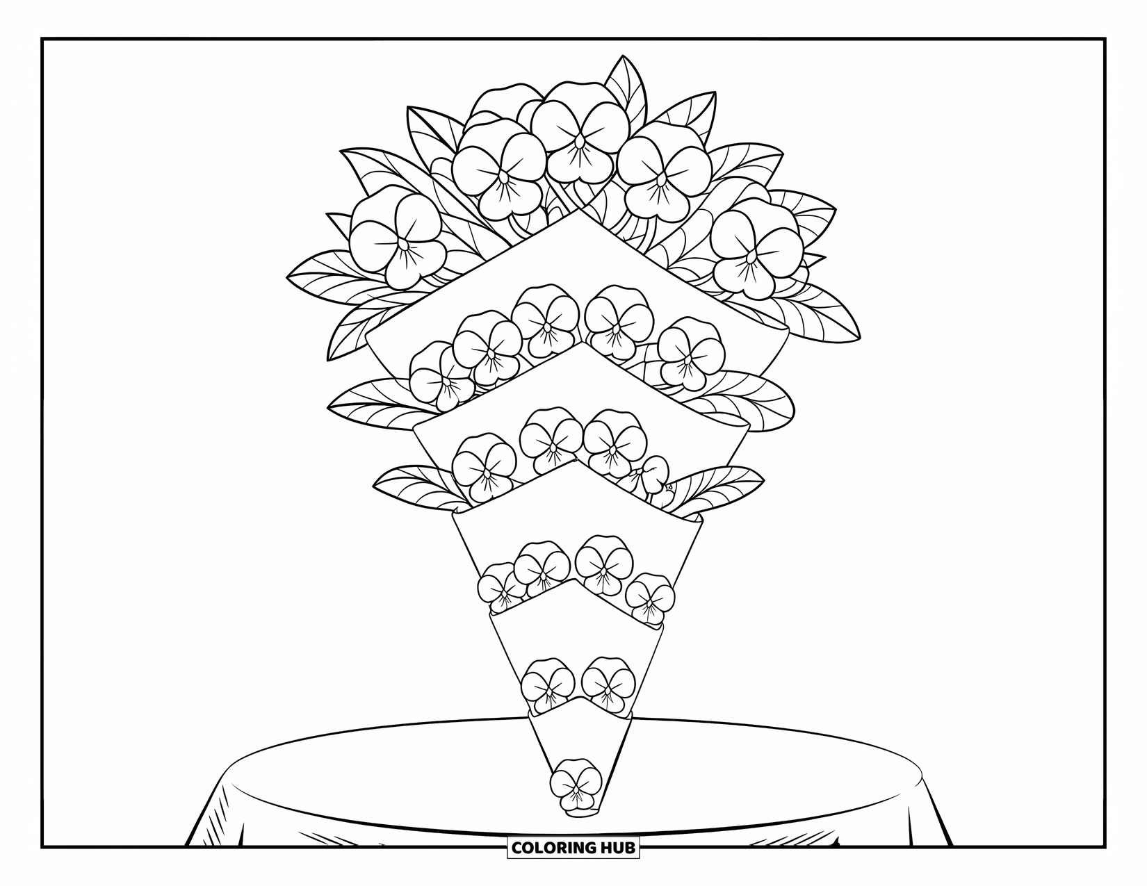Flower Bouquet Coloring Page for Kids: Tall pansy bouquet with zigzag leaves on a clean white page