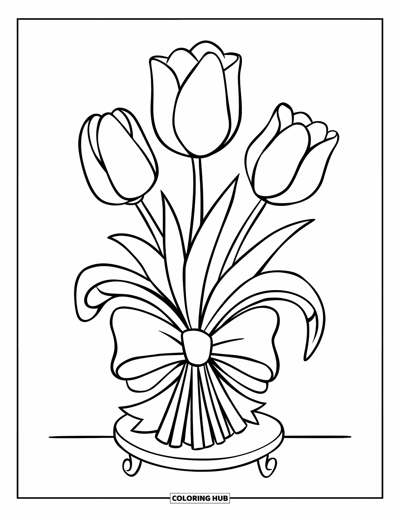 Flower Bouquet Coloring Page for Kids: Three tulips tied with a big bow and placed on a wooden stand