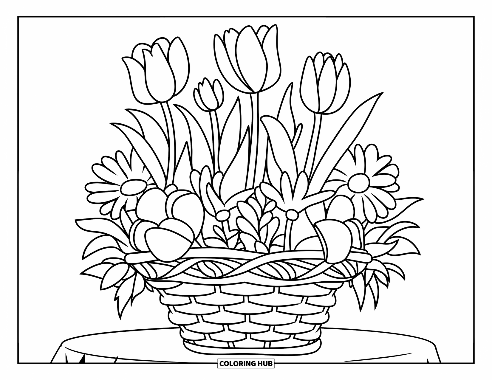 Flower Bouquet Coloring Page for Kids: Tulips, lilies, and daisies arranged in a basket on a simple table