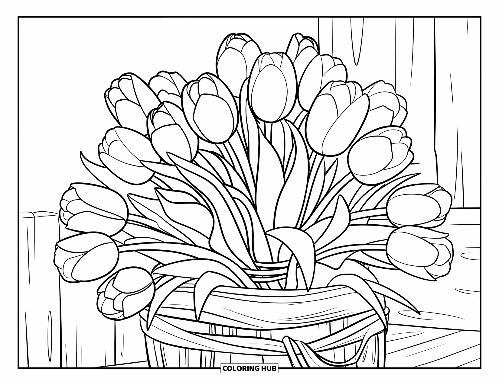 Flower Bouquet Coloring Page for Kids: Tulips wrapped in twine, sitting in a rustic wooden container