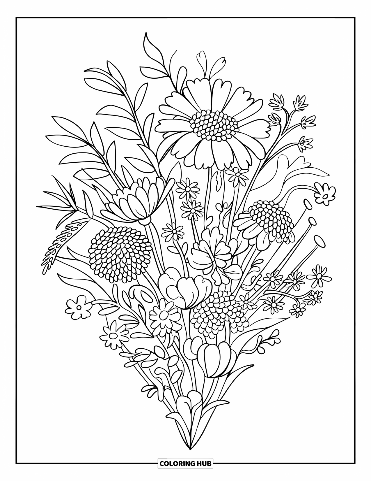 Flower Bouquet Coloring Page for Kids: Wildflower cone bouquet with bold outlines and a modern natural feel