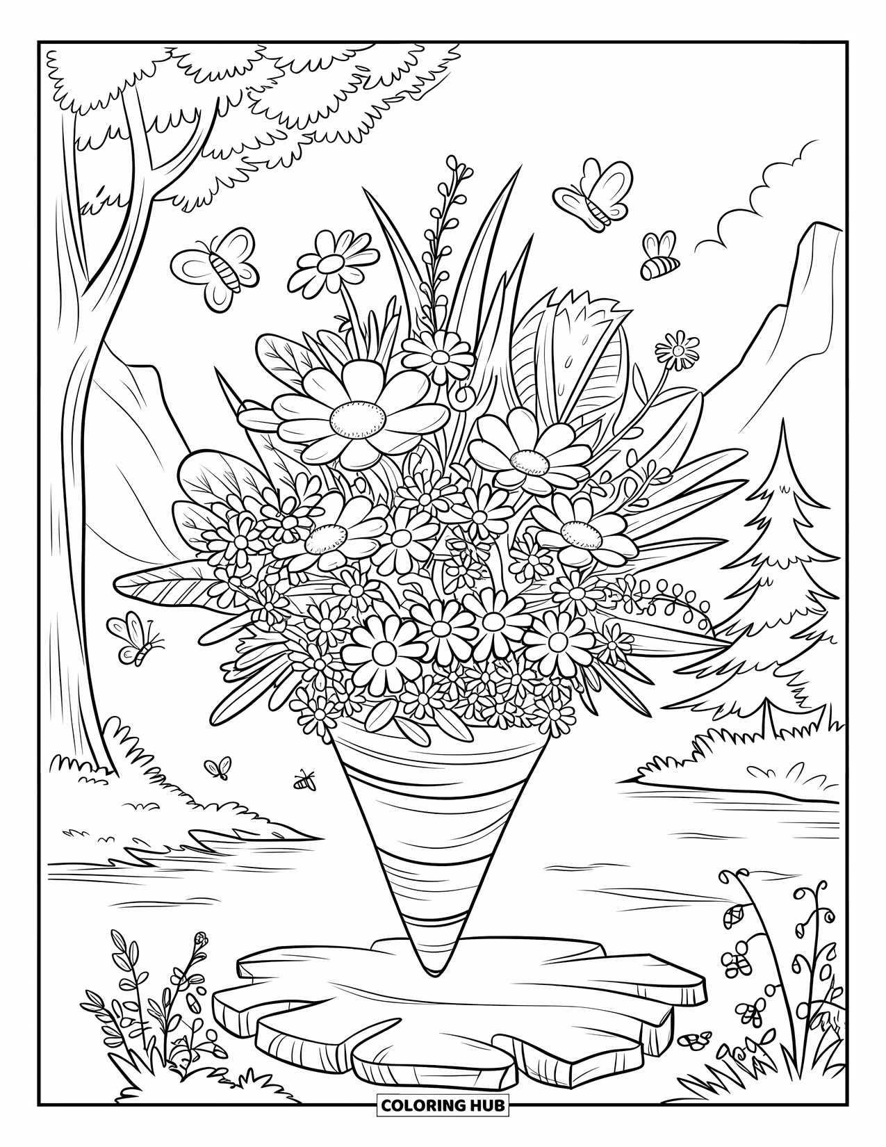 Flower Bouquet Coloring Page for Kids: Wildflowers in a cone bouquet with bees and butterflies fluttering around